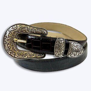 Vtg Coldwater Creek 2008 Western Belt Brown Croc Leather Silver Filigree Buckle
